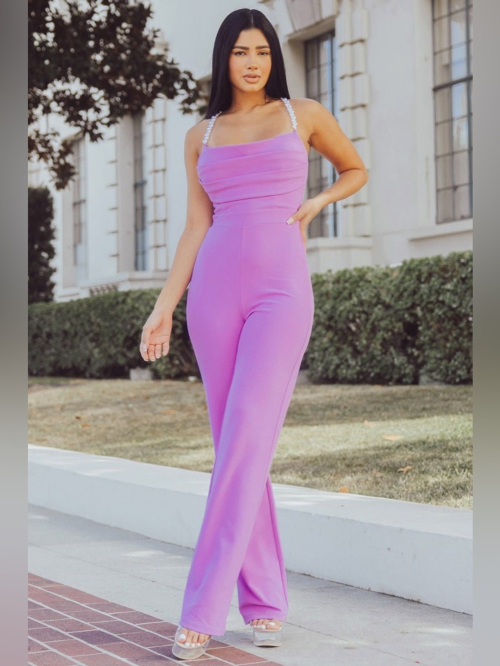 Symphony Lavender Wide-Leg Jumpsuit with Rhinestone Straps